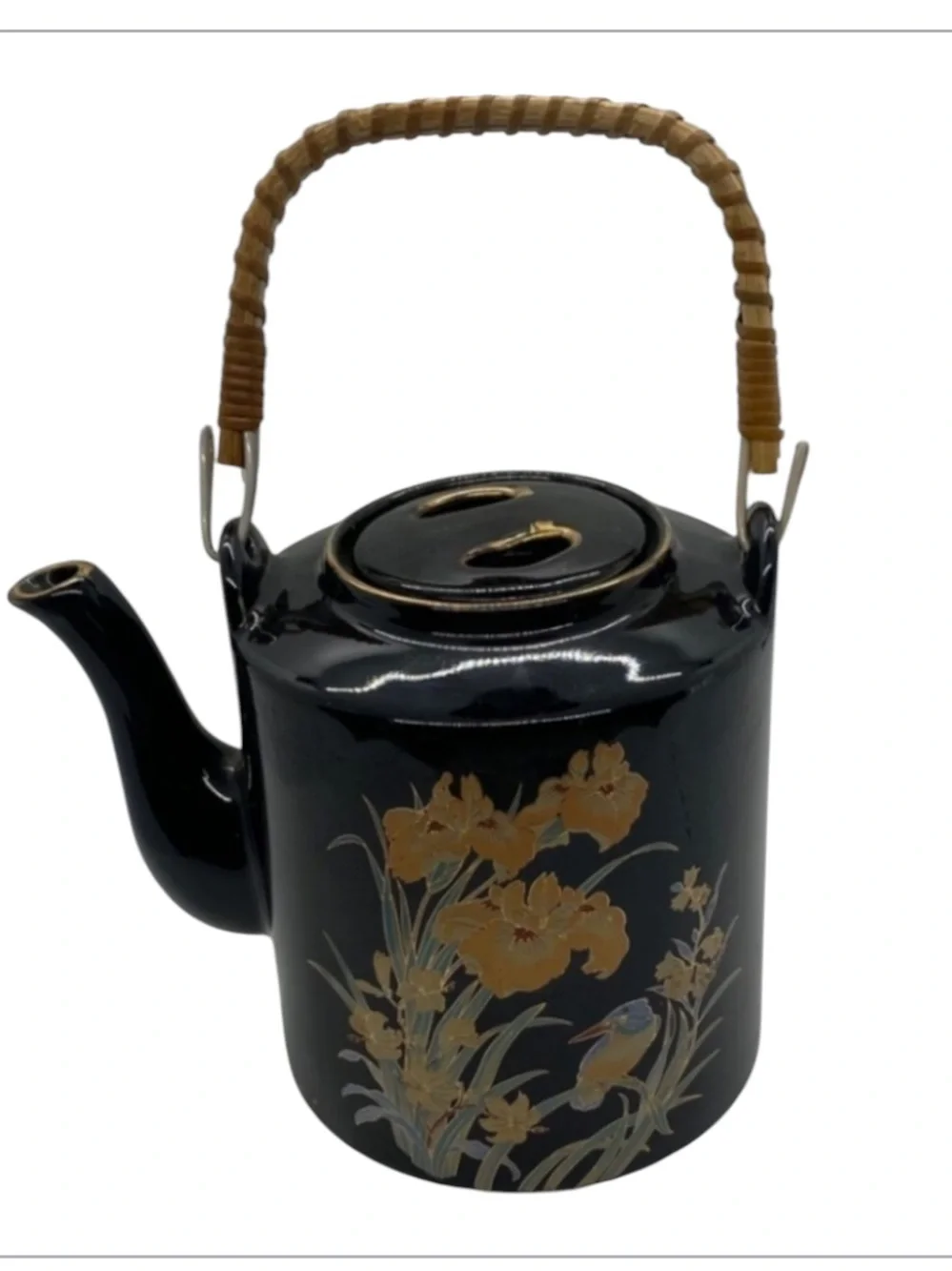 Vintage Black Teapot w/Wicker Handle -Made in Japan